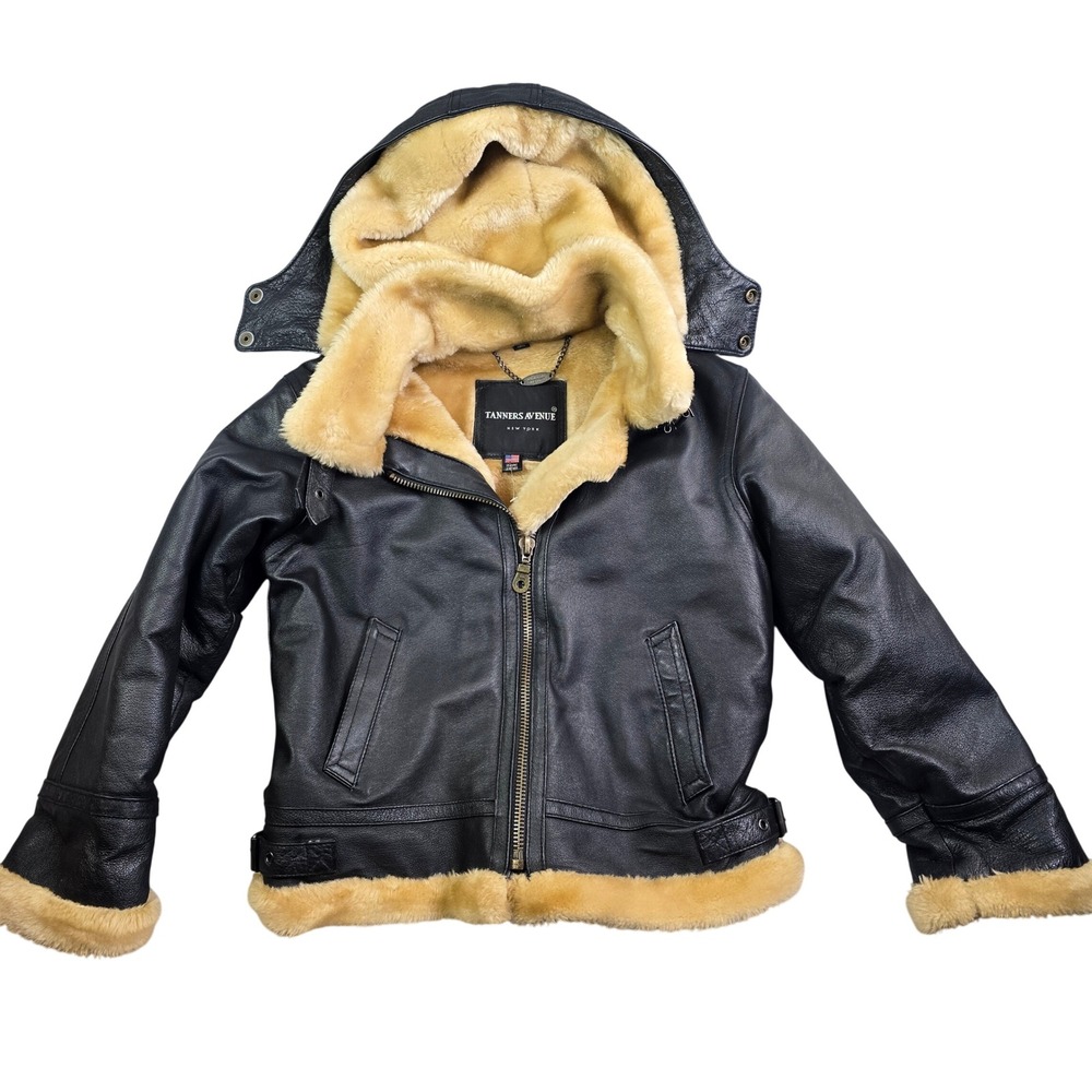 Tanners Avenue Leather Bomber Jacket Kids 7-8 Black‎ Faux Shearling Hood Aviator